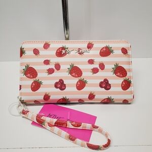 Betsey Johnson Pink and White Strawberry Zip Around Wristlet Wallet